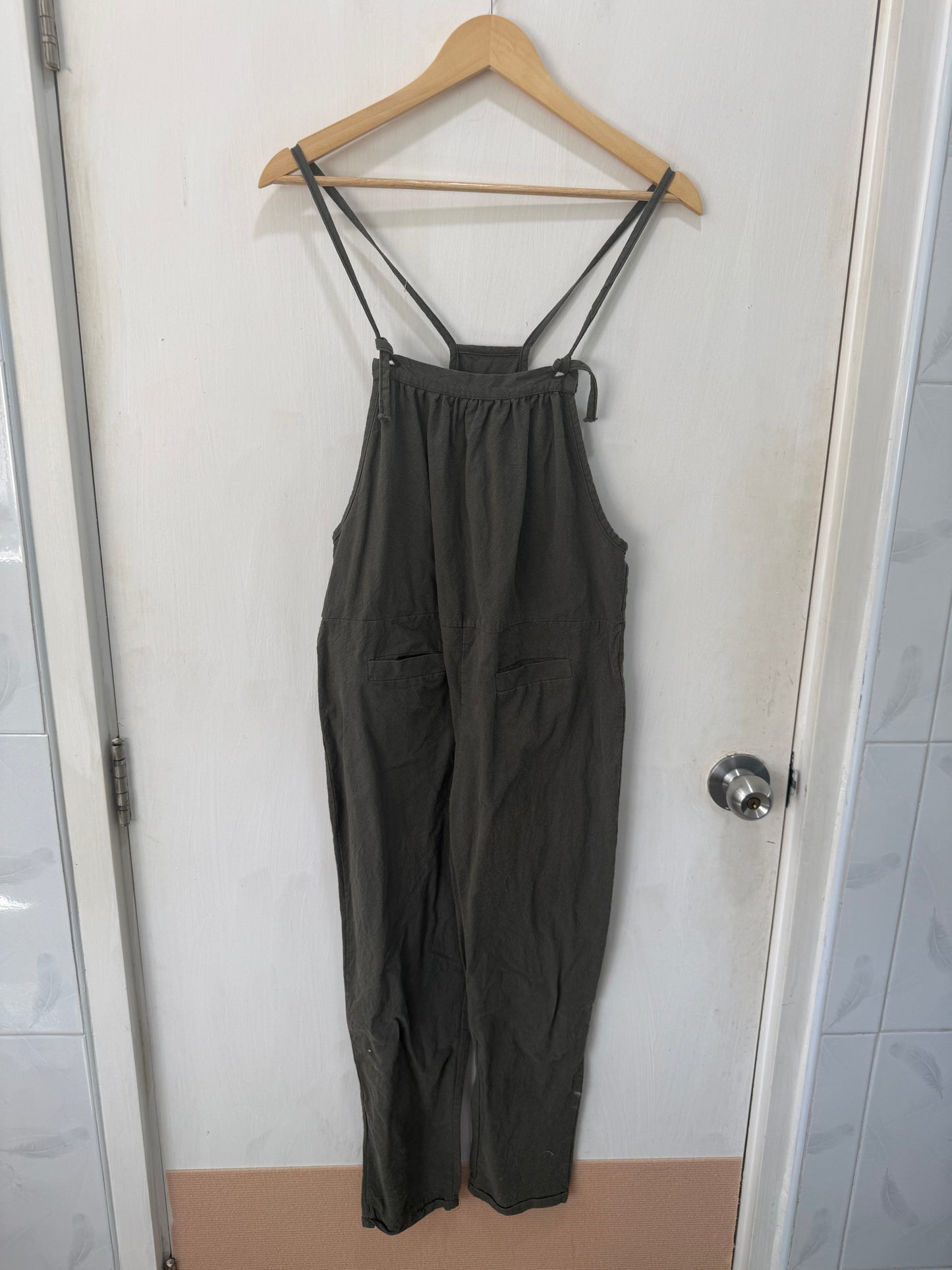 Dark Olive Linen Bib-Overall Relaxed Jumpsuit — Earthy Effortless Style — No Label