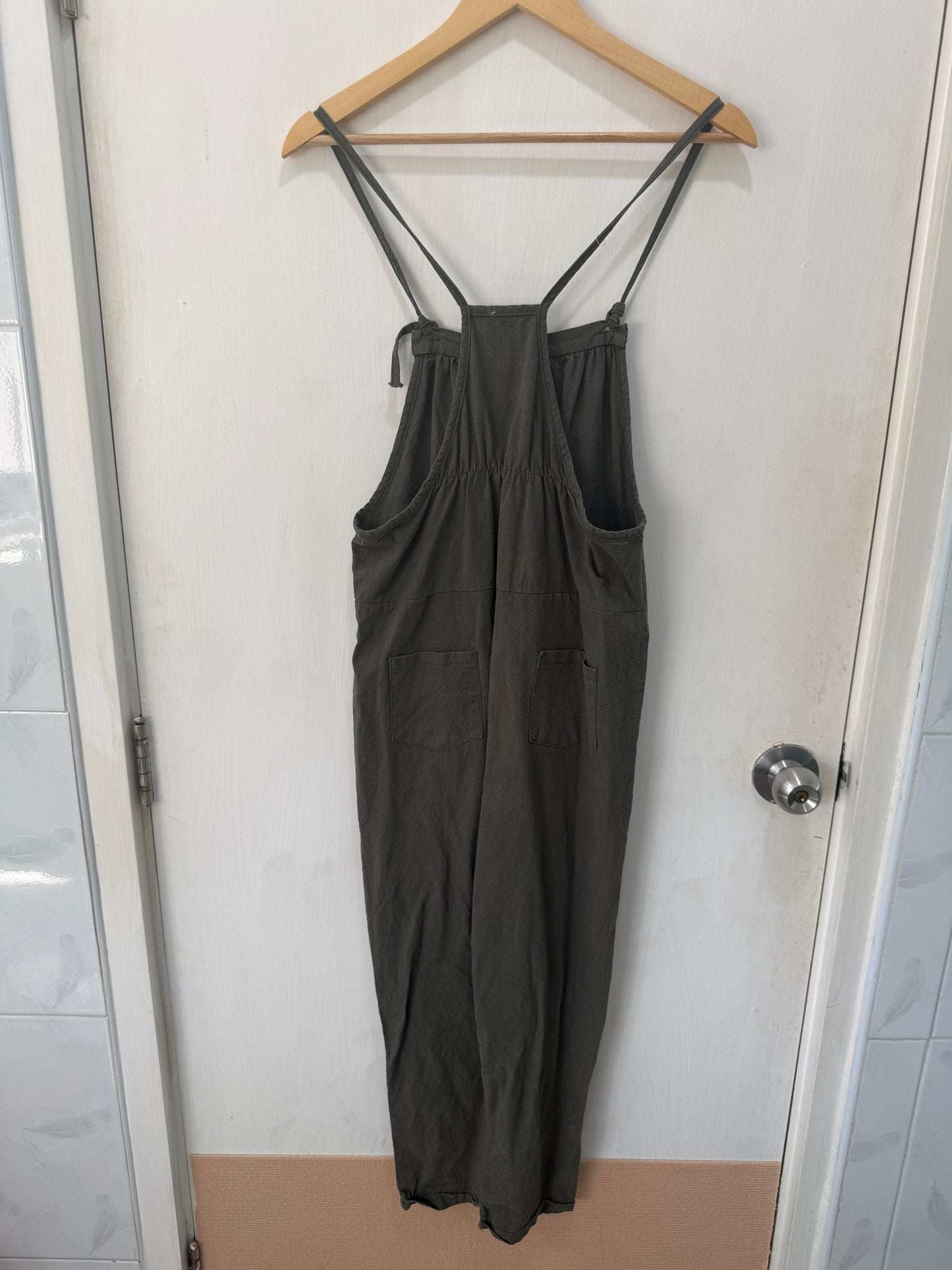 Dark Olive Linen Bib-Overall Relaxed Jumpsuit — Earthy Effortless Style — No Label