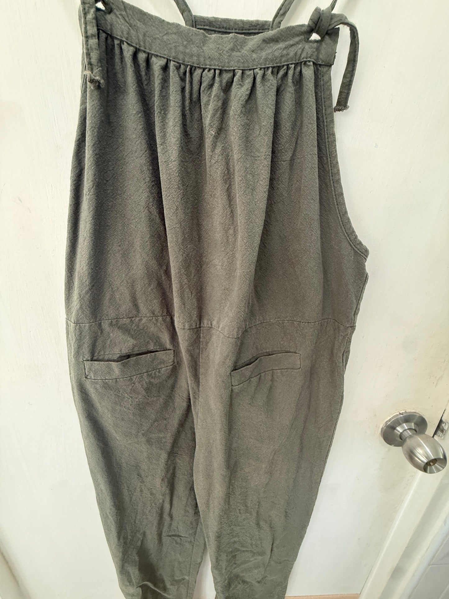 Dark Olive Linen Bib-Overall Relaxed Jumpsuit — Earthy Effortless Style — No Label
