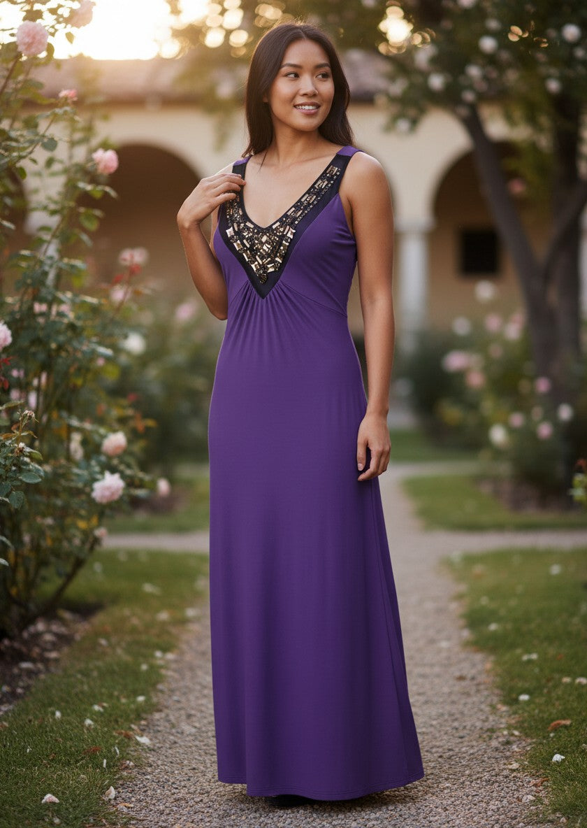 Purple Studded Embellished V-Neck Sleeveless Maxi Dress — Embellished Maximalism — No Label