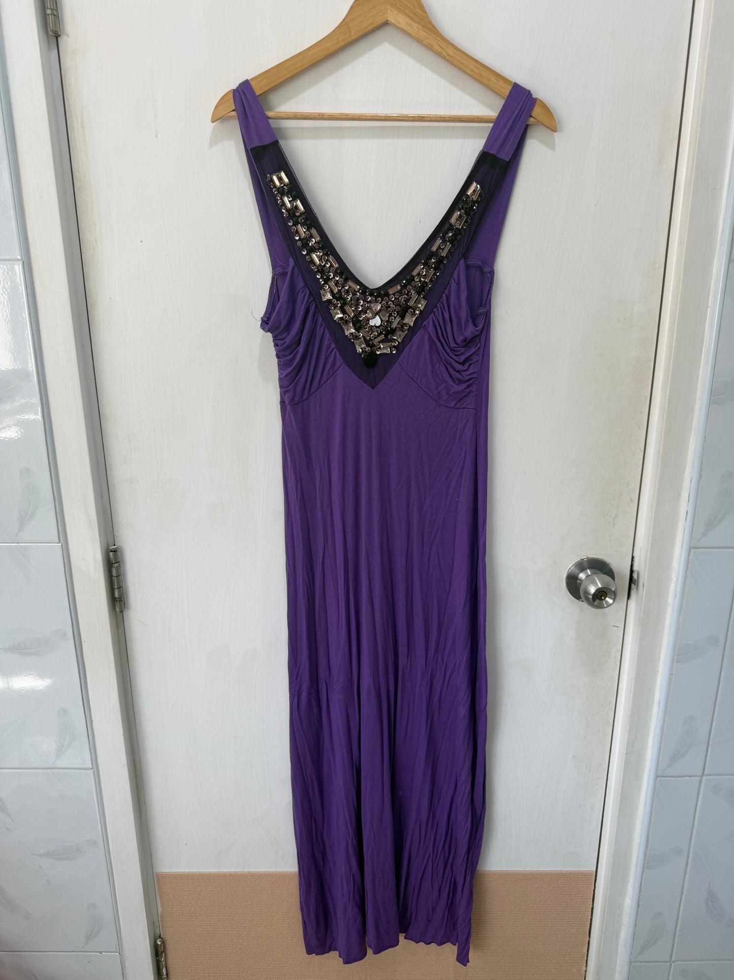 Purple Studded Embellished V-Neck Sleeveless Maxi Dress — Embellished Maximalism — No Label