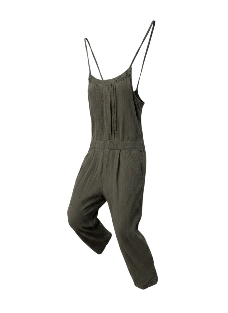 Olive Linen Utility Cropped Jumpsuit — Artisanal Raw-Hem Edge — Raw Edge