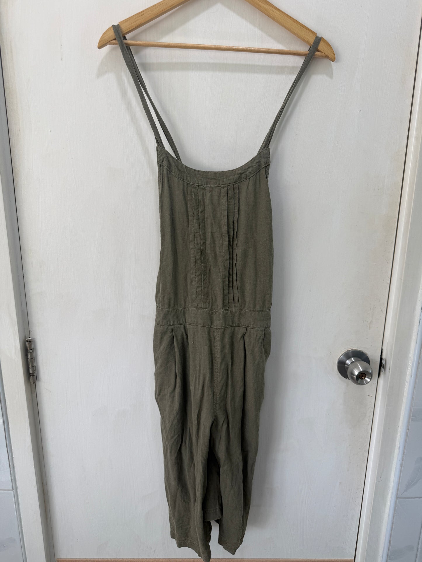 Olive Linen Utility Cropped Jumpsuit — Artisanal Raw-Hem Edge — Raw Edge
