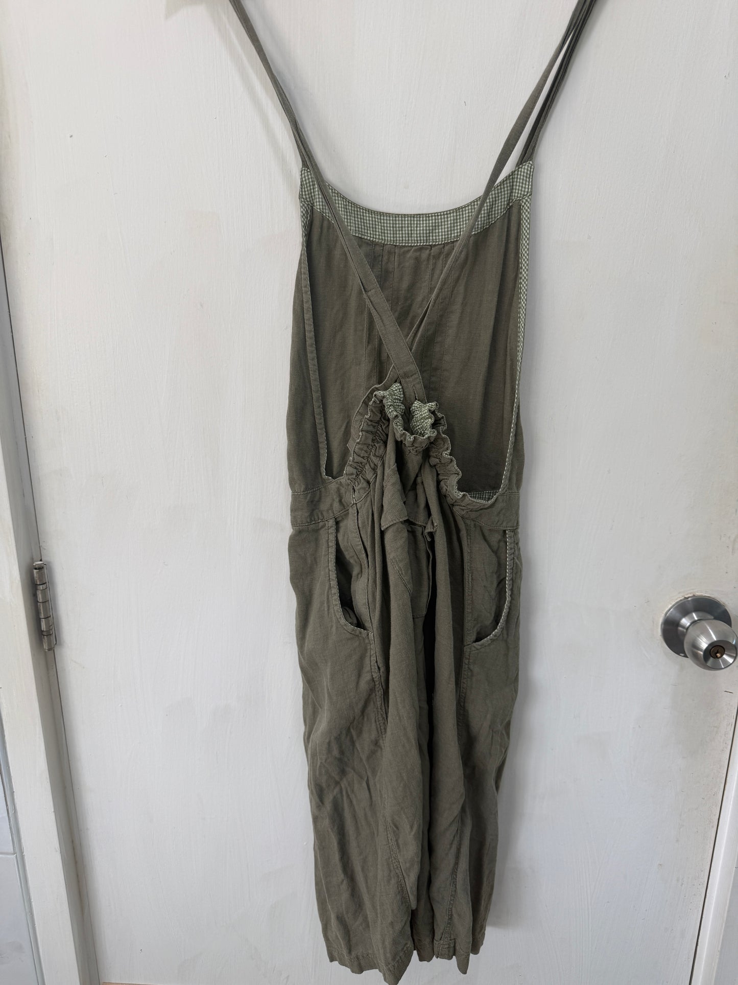 Olive Linen Utility Cropped Jumpsuit — Artisanal Raw-Hem Edge — Raw Edge