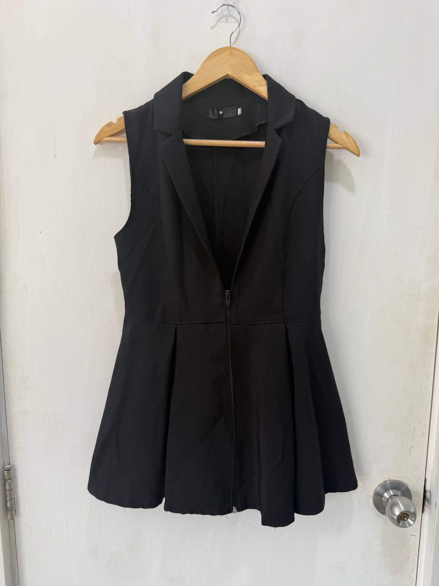 Black Deep V-Neck Peplum Mini Dress — Bold Neckline Statement — No Label
