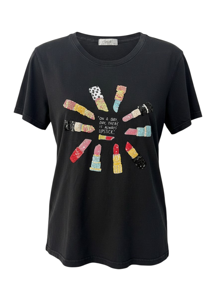 April Black Sequined Lipstick Graphic T-Shirt Size M