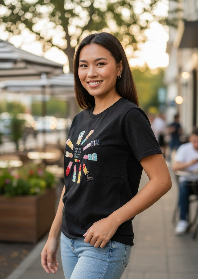 April Black Sequined Lipstick Graphic T-Shirt Size M