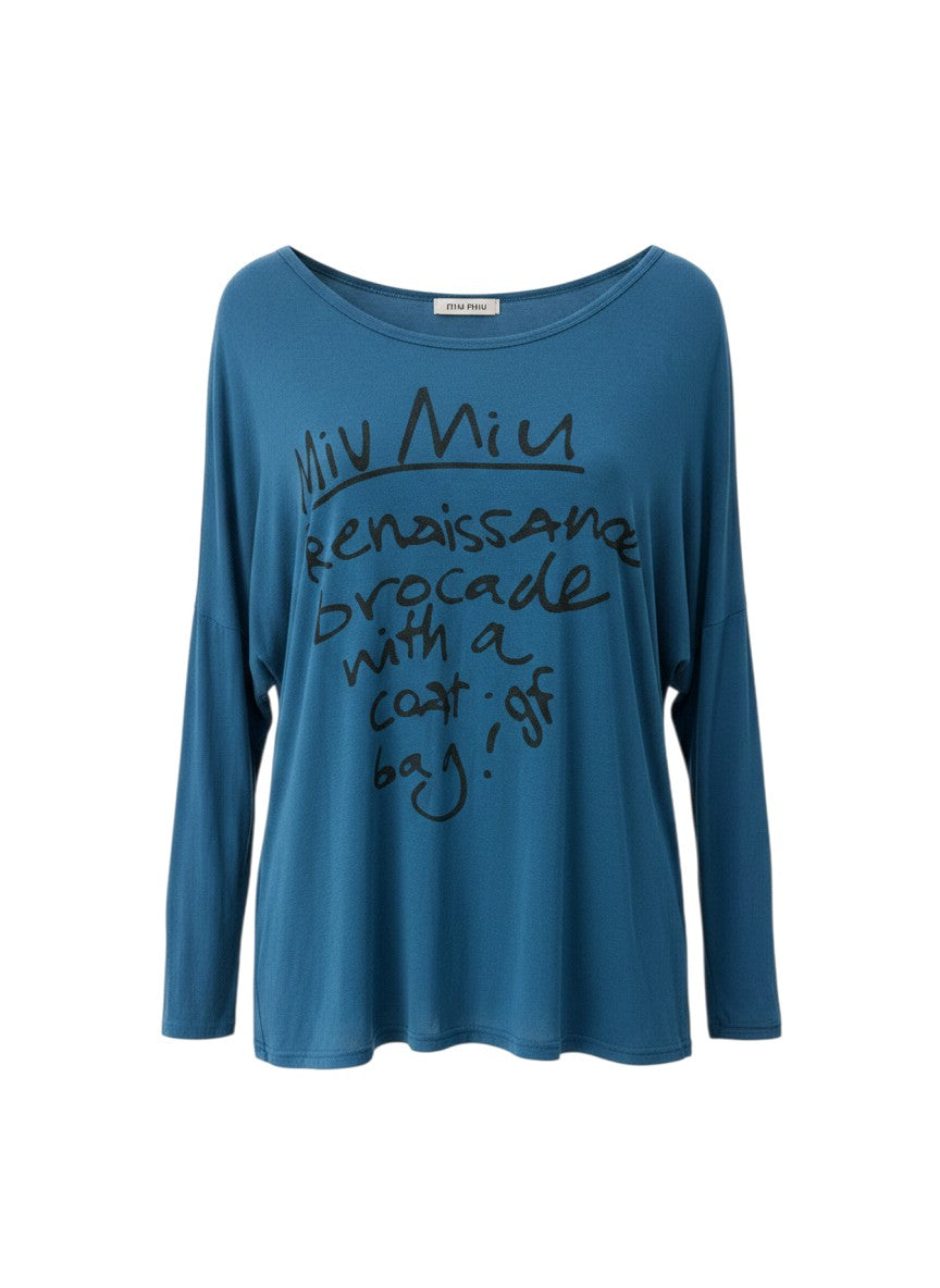 No Brand Blue Miu Miu Script Graphic Long-Sleeve Top Free Size