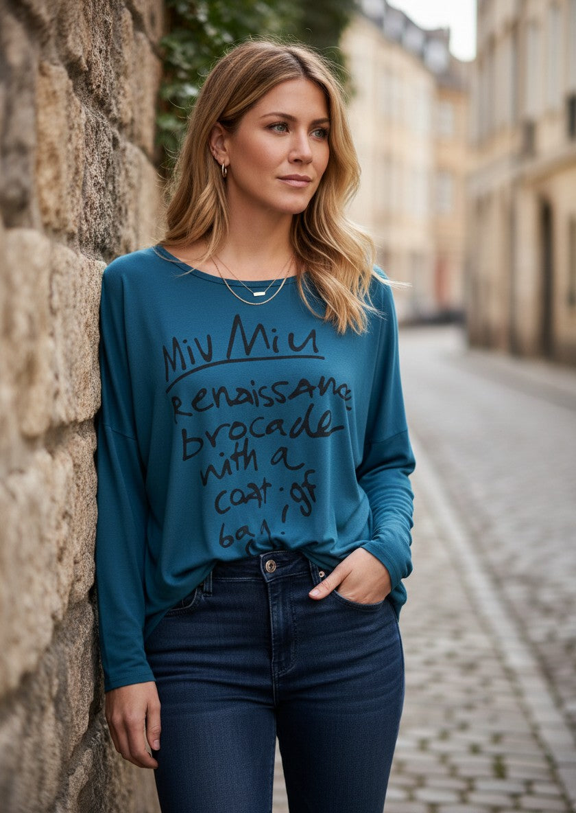 No Brand Blue Miu Miu Script Graphic Long-Sleeve Top Free Size