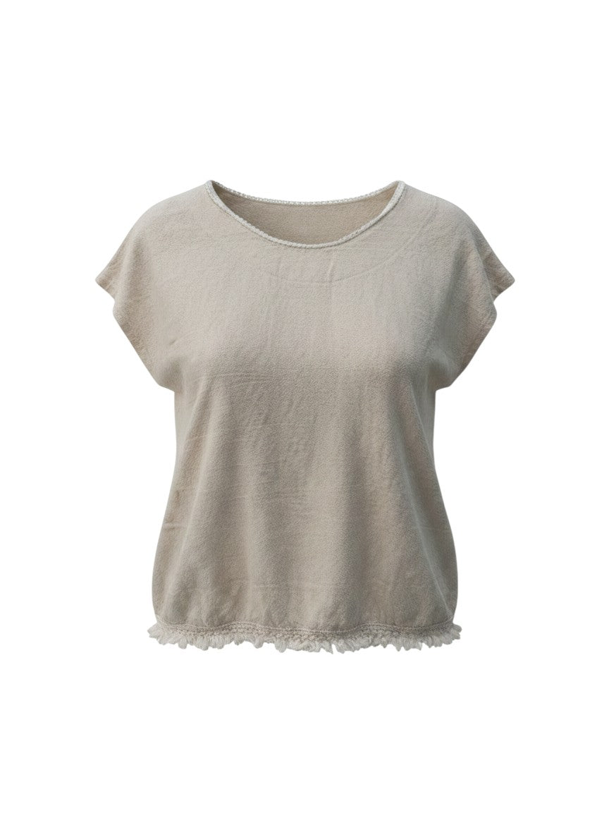 No Brand Beige Linen Fringed-Hem Top Size S/M