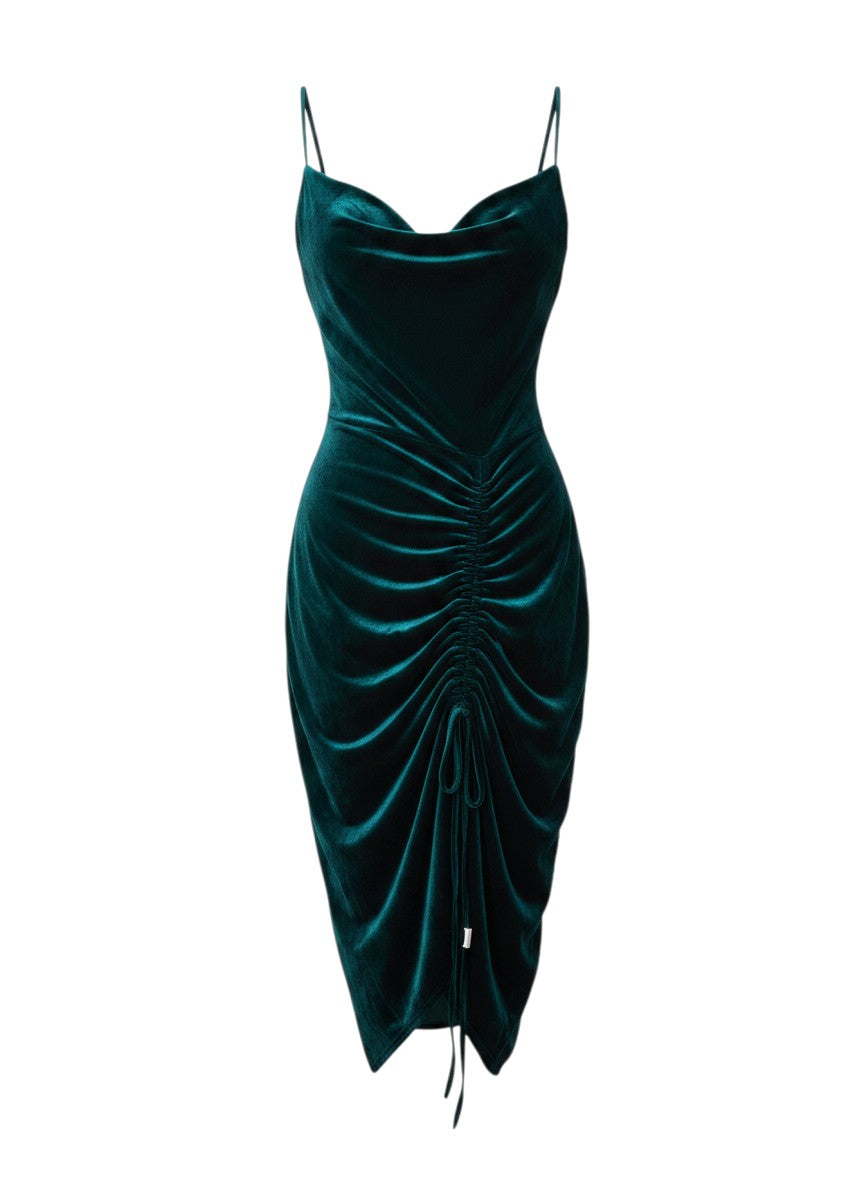 Emerald Green Velvet Cowl-Neck Midi Dress — Spaghetti Strap Side Drape — Shein