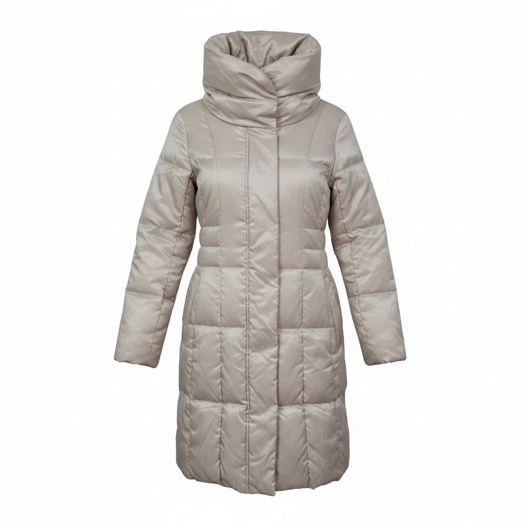 Beige Long Down Coat — Draped Collar — Fob Export Tokyo Style