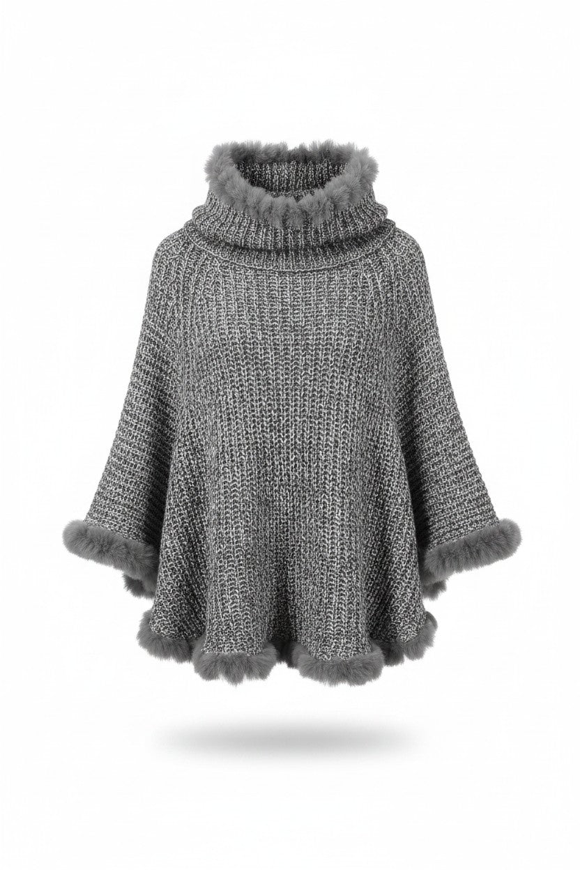 Fuzzy Knit Cape Poncho — Grey Marl