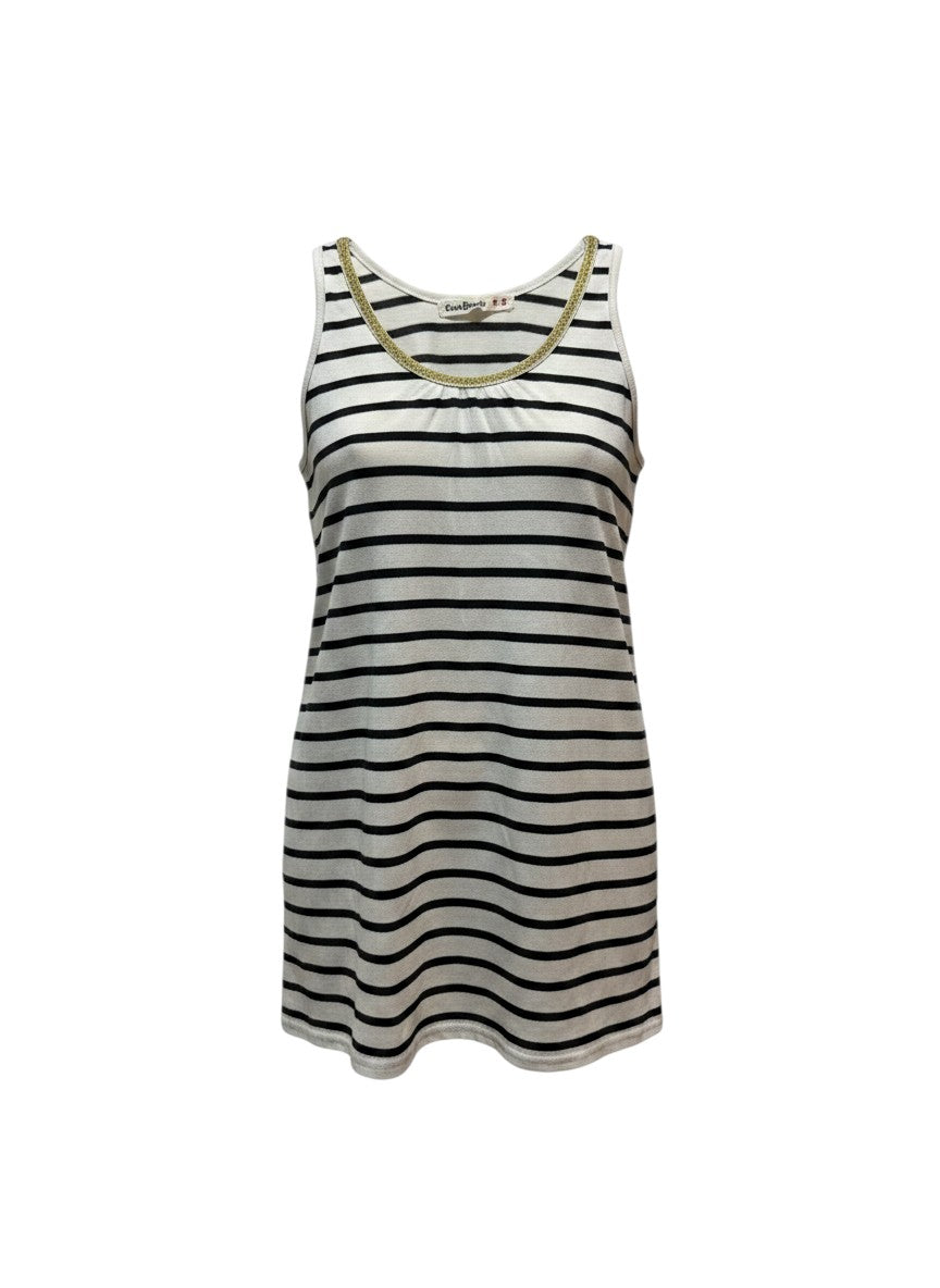 Cutie Blonde White & Black Striped Tank Dress with Gold Trim L