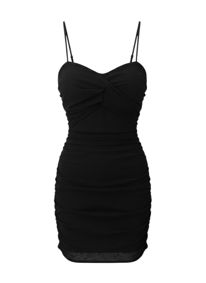 Black Ruched Sweetheart Spaghetti Strap Mini Dress — Bodycon Classic — No Label