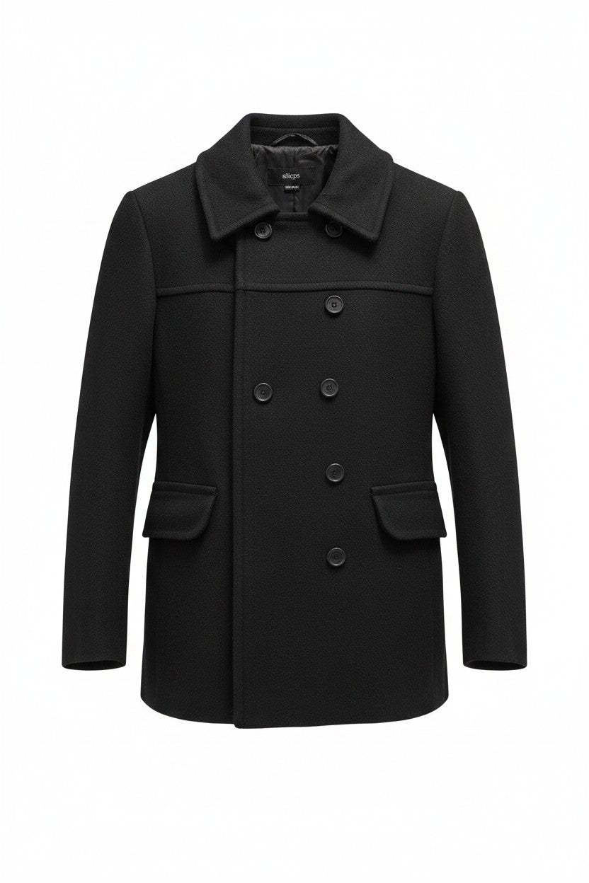 Double-Breasted Wool Blend Peacoat — Black — SHIPS Japan