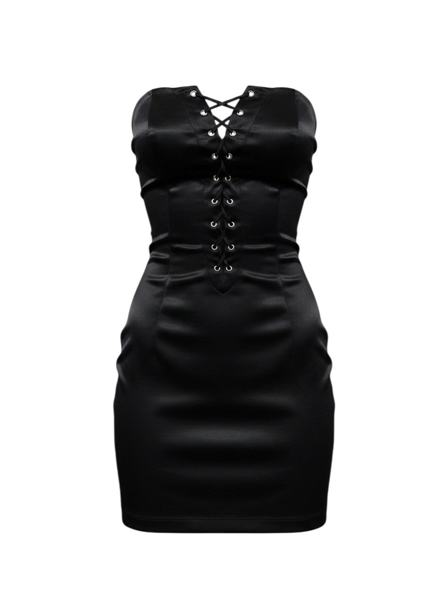 No Brand Black Satin Lace-Up Spaghetti Strap Mini Dress S