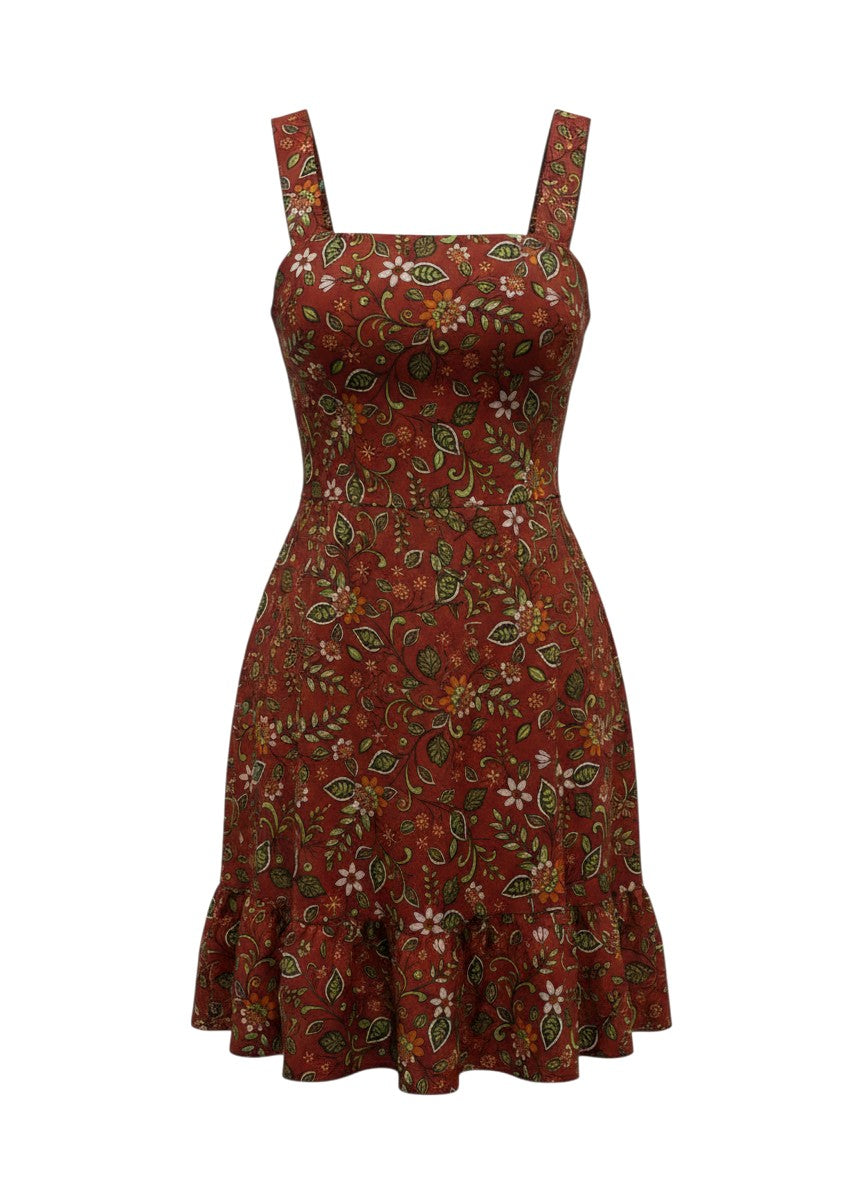 Shein Rust-Orange Floral Print Tie-Back Ruffle Dress L