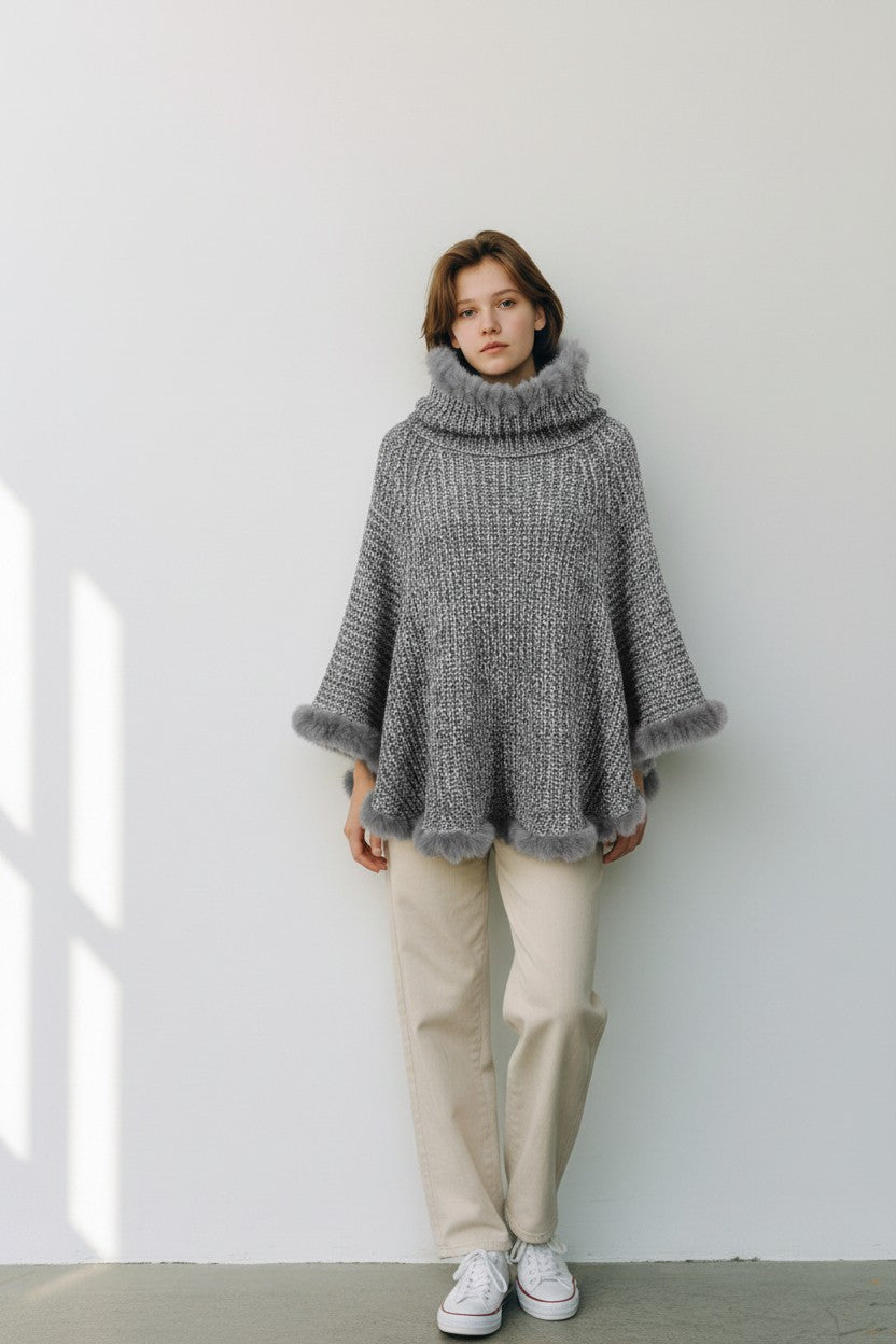 Fuzzy Knit Cape Poncho — Grey Marl