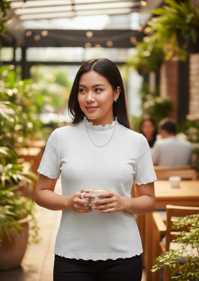 Le' Fumoir White Waffle-Knit Ruffled High-Neck Top S/M