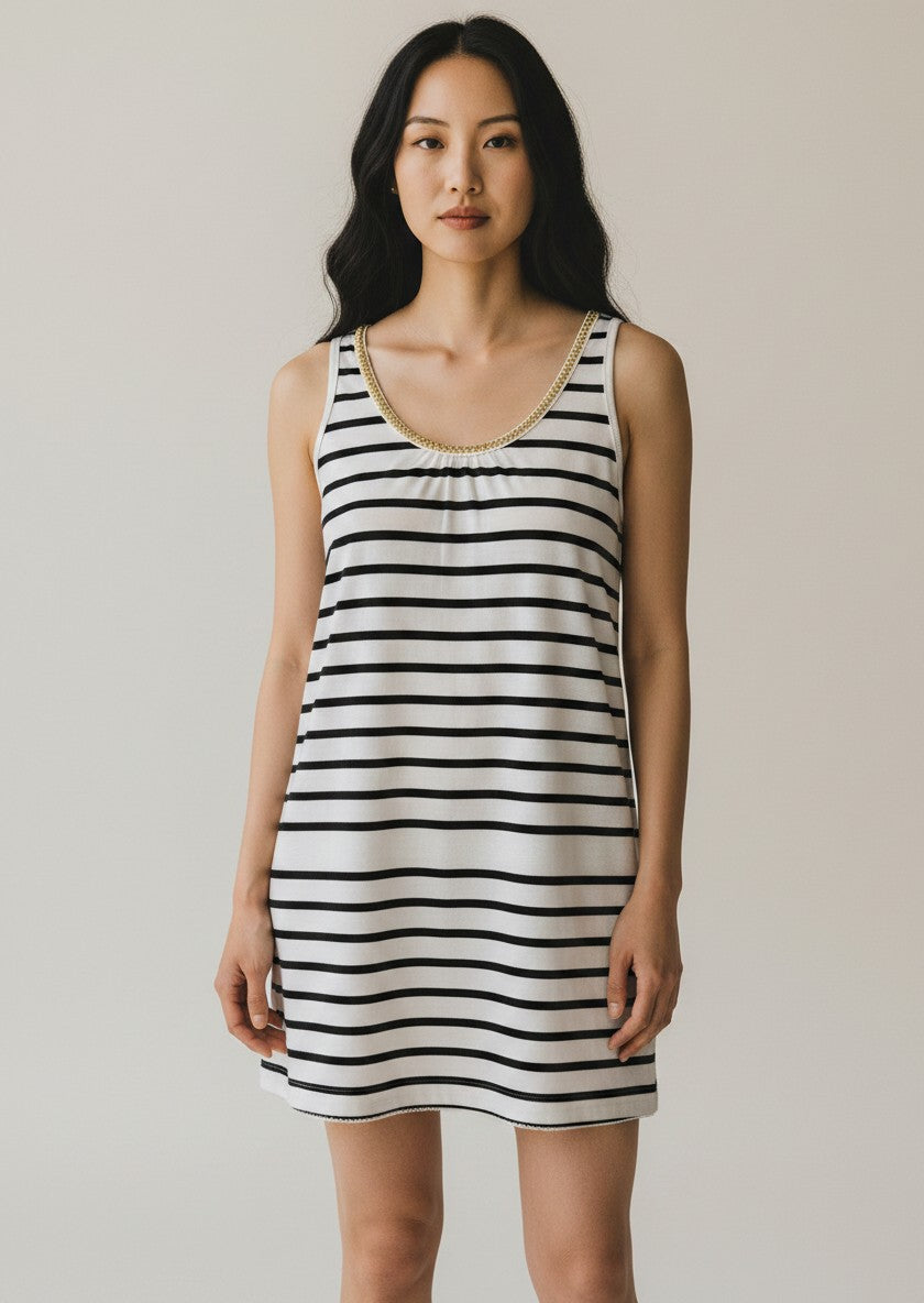 Cutie Blonde White & Black Striped Tank Dress with Gold Trim L