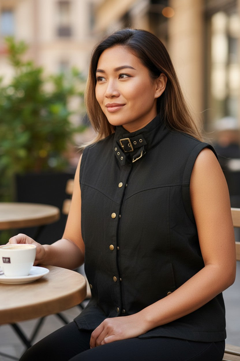 Black Stand-Collar Vest — Buckle Detail — Bon Cilie × Chardonne