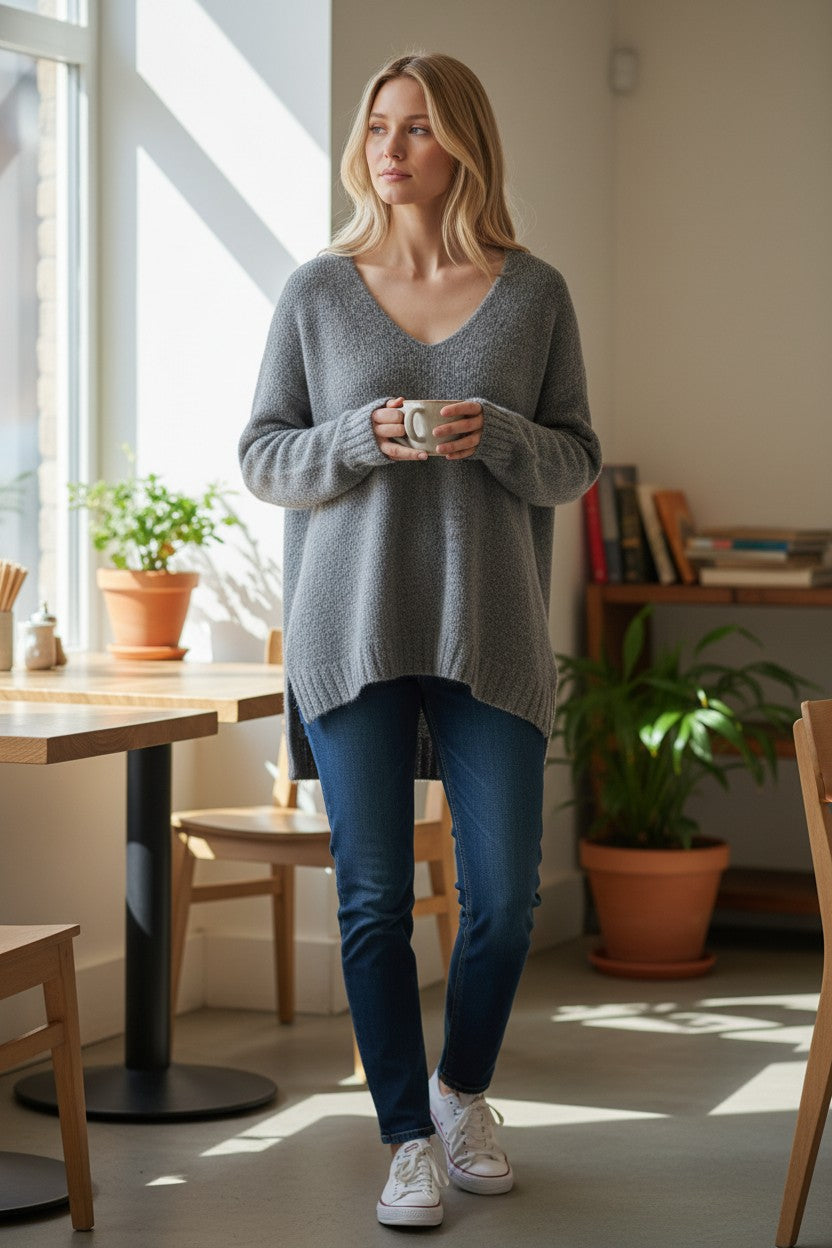 Oversized V-Neck Knit Sweater — Grey Marl — H&M