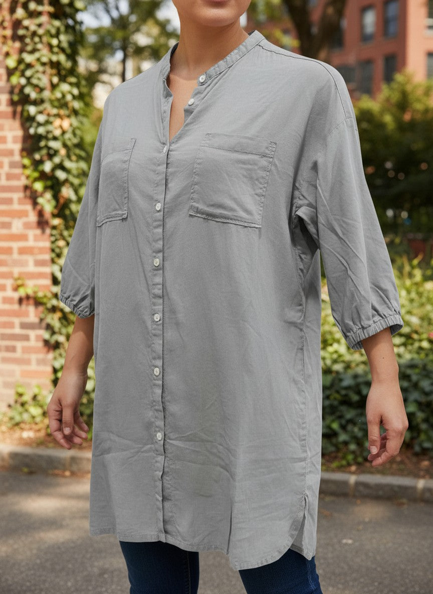 Black Closet Grey Linen Band Collar Shirt