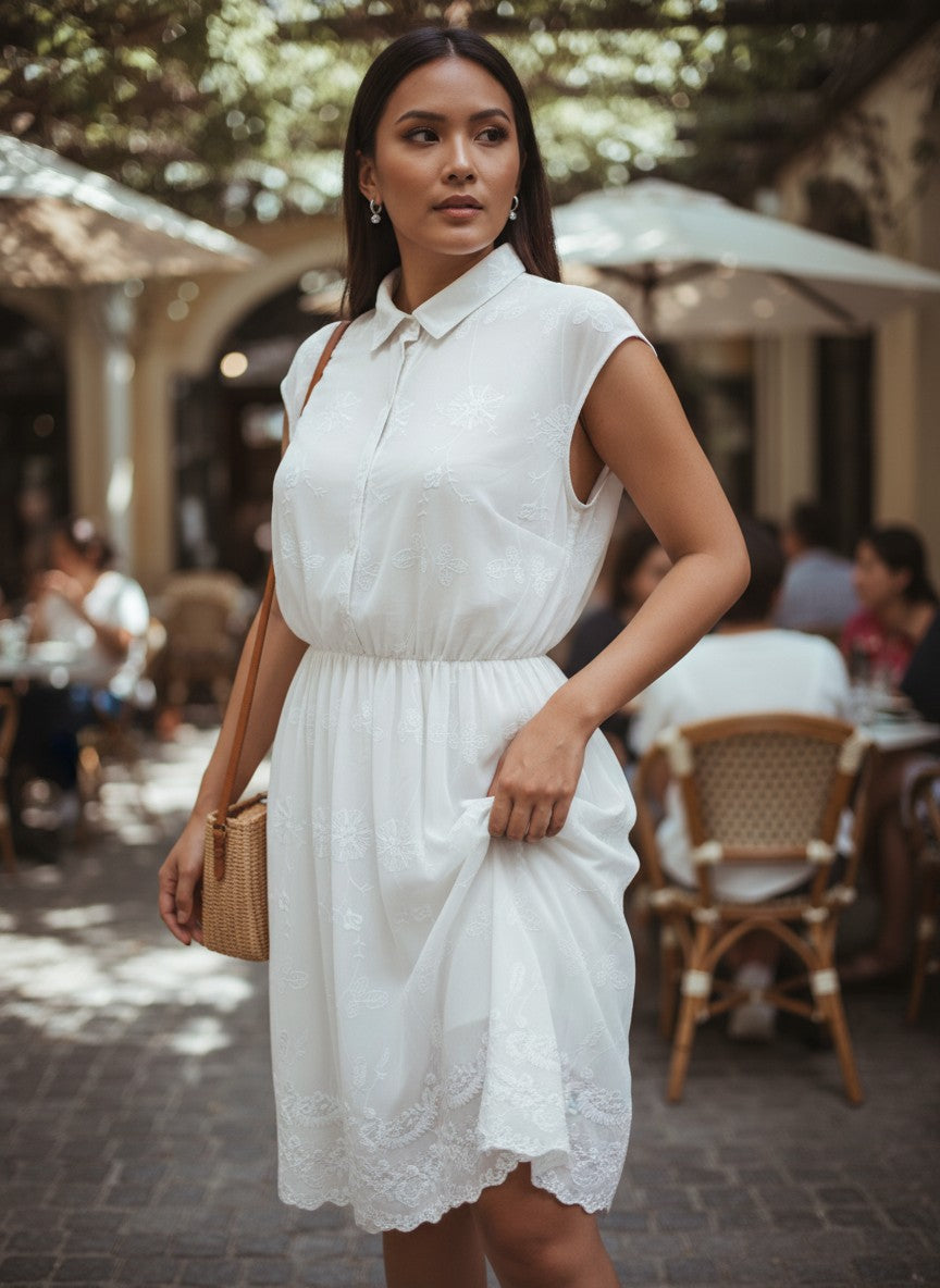 White Embroidered Floral Shirt Dress — Collared Classic — ESP