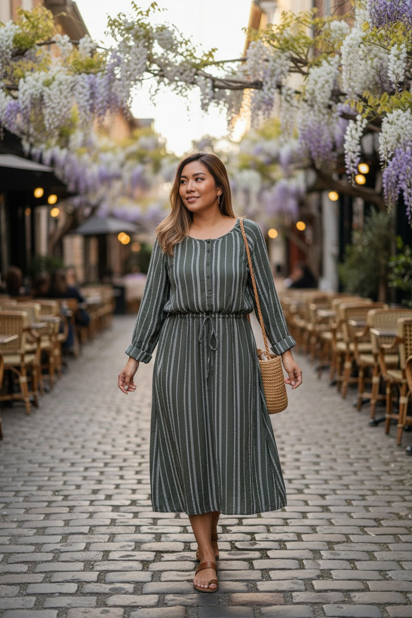 Olive Striped Boho Dress — Drawstring Waist — GAP