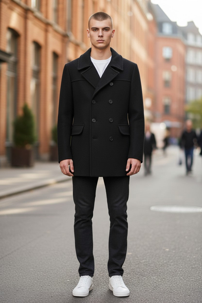 Double-Breasted Wool Blend Peacoat — Black — SHIPS Japan