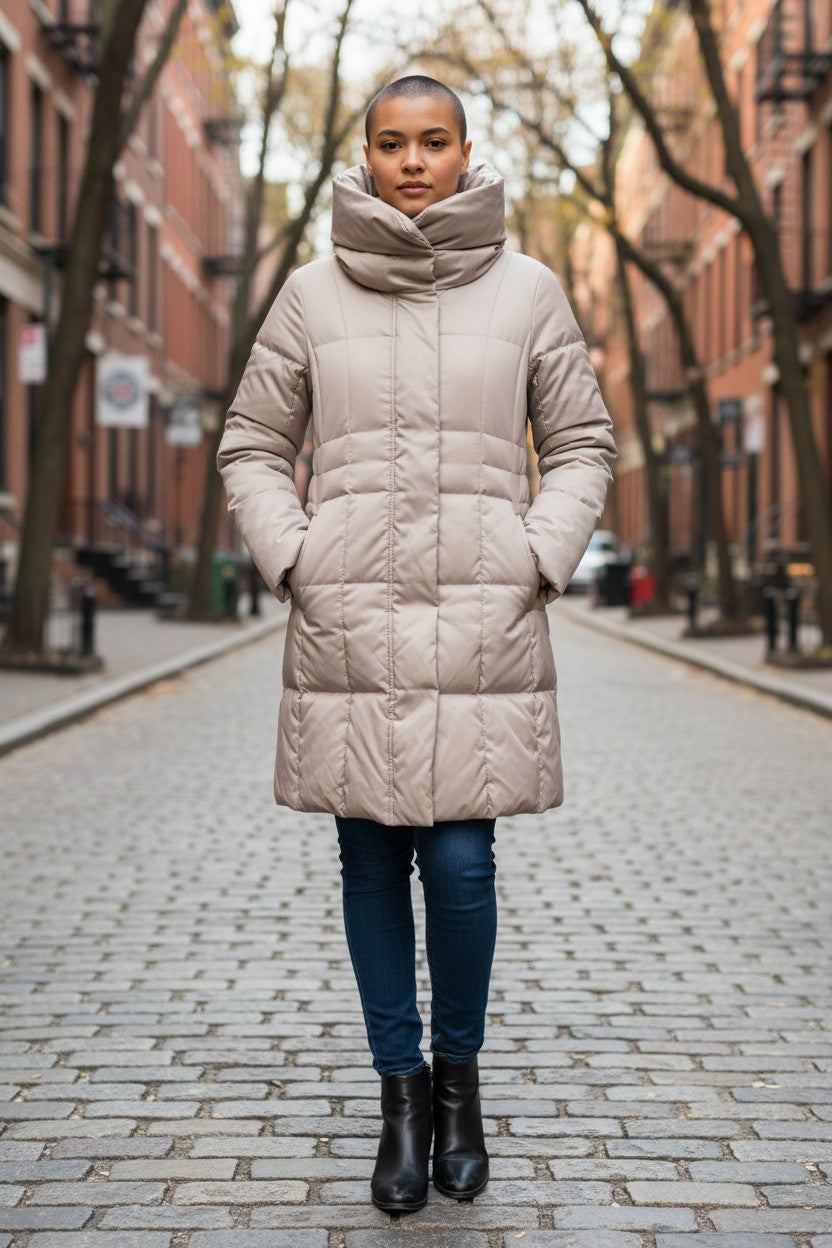 Beige Long Down Coat — Draped Collar — Fob Export Tokyo Style