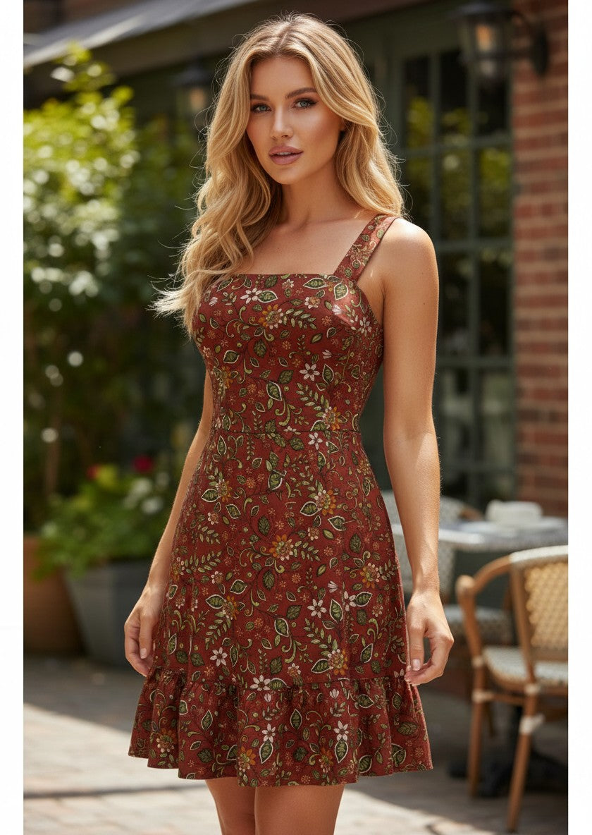 Shein Rust-Orange Floral Print Tie-Back Ruffle Dress L