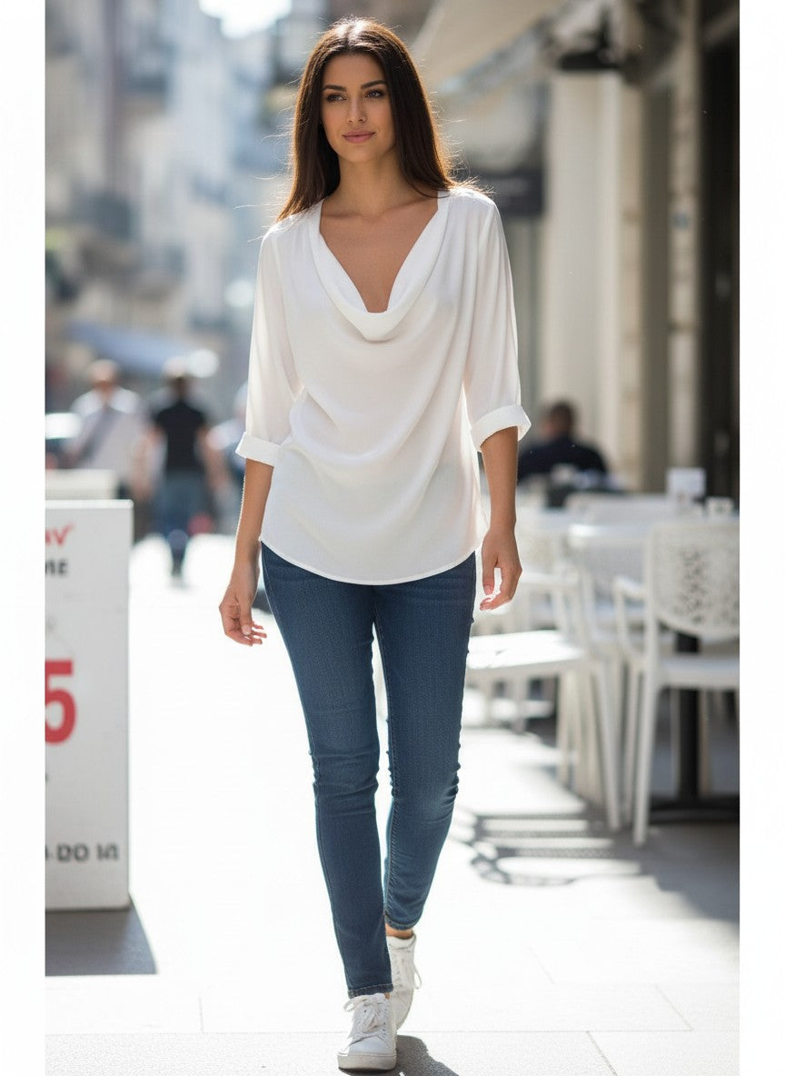 Bou Jeloud White Deep V-Neck Blouse