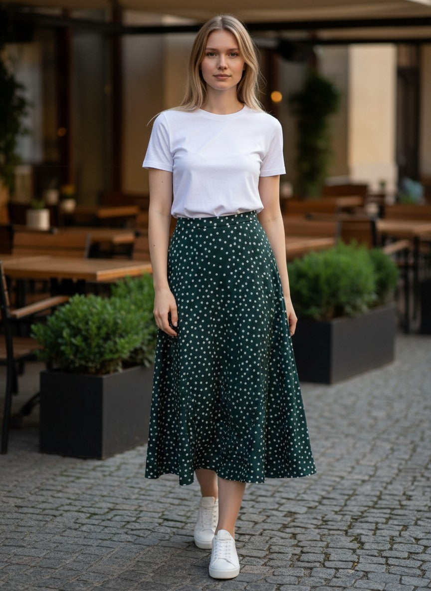Noble Green Vintage Polka Dot Midi Skirt
