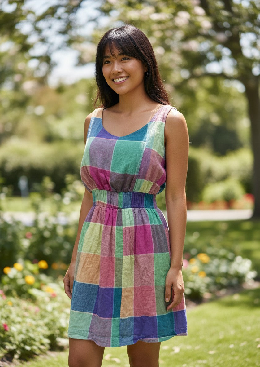 No Brand Multicolor Plaid Linen-Cotton Dress XS/S