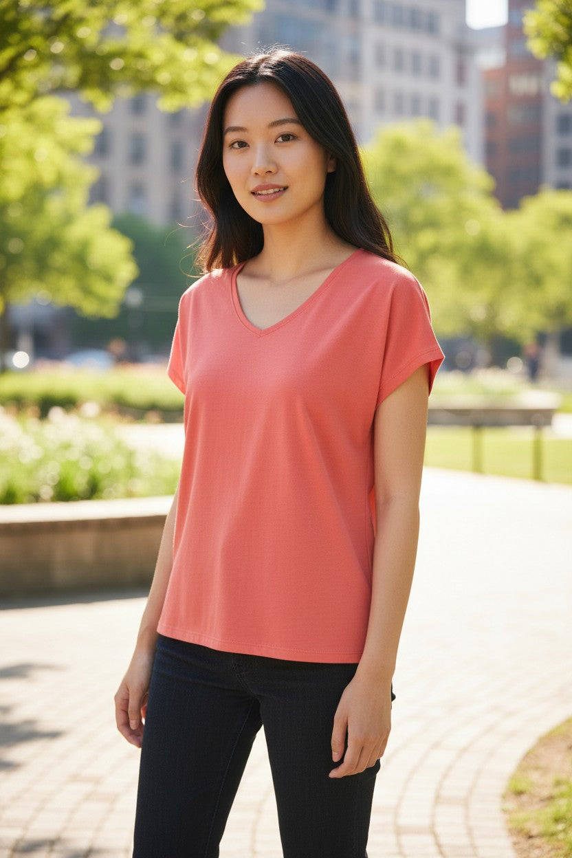 Coral Orange V-Neck T-Shirt — Uniqlo