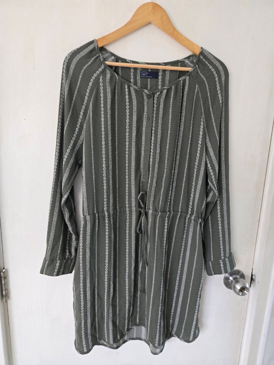 Olive Striped Boho Dress — Drawstring Waist — GAP