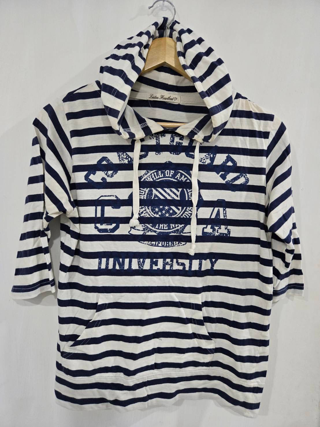 Navy Striped Hooded Sweatshirt — University Print Longline — Heartbeat