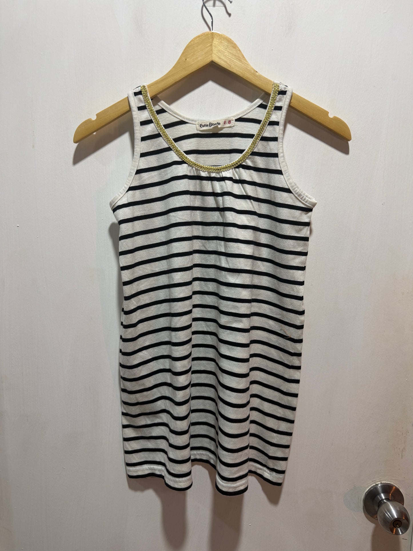 Cutie Blonde White & Black Striped Tank Dress with Gold Trim L