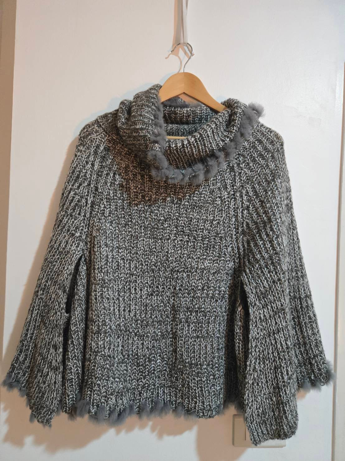 Fuzzy Knit Cape Poncho — Grey Marl