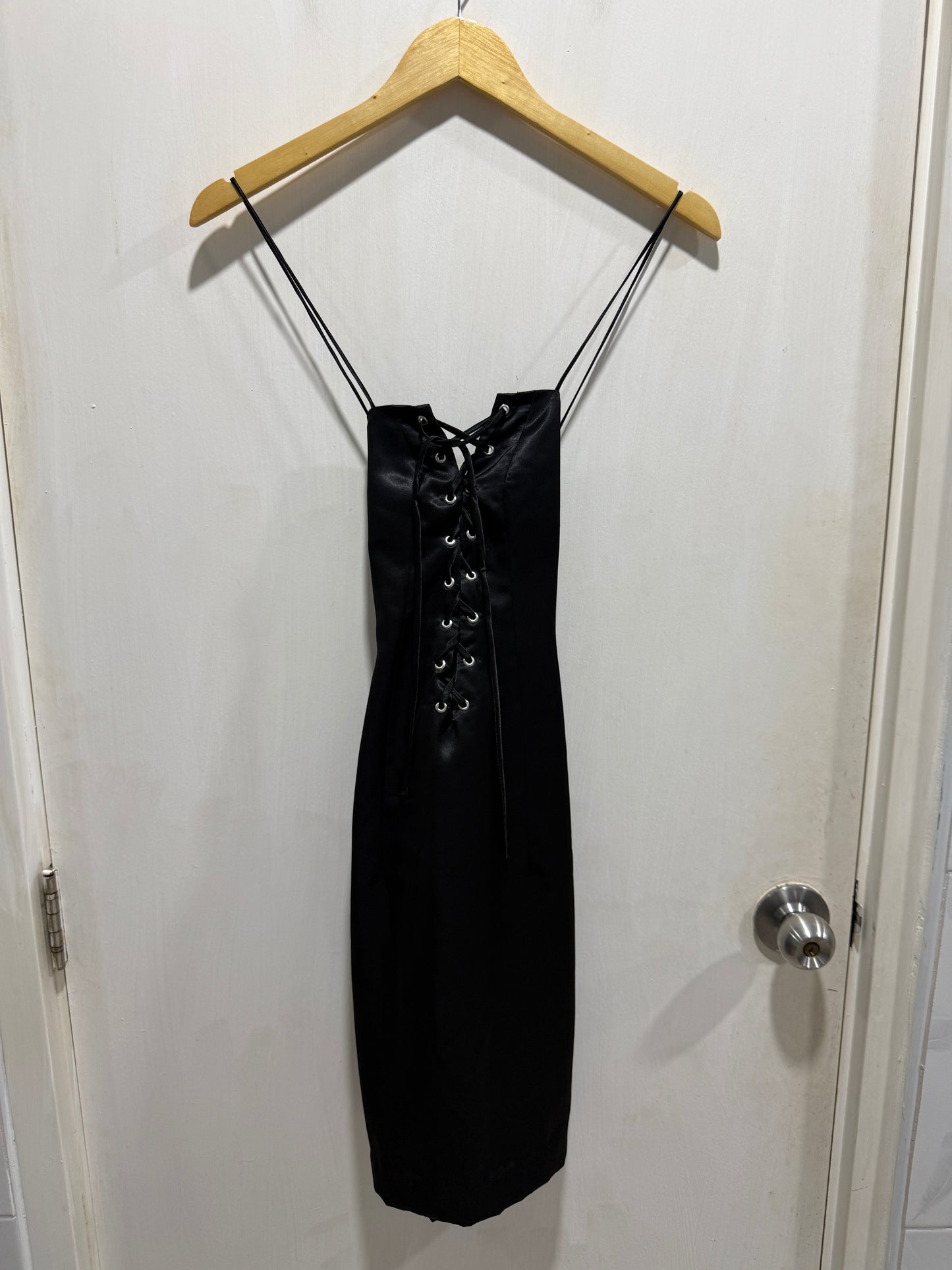 No Brand Black Satin Lace-Up Spaghetti Strap Mini Dress S