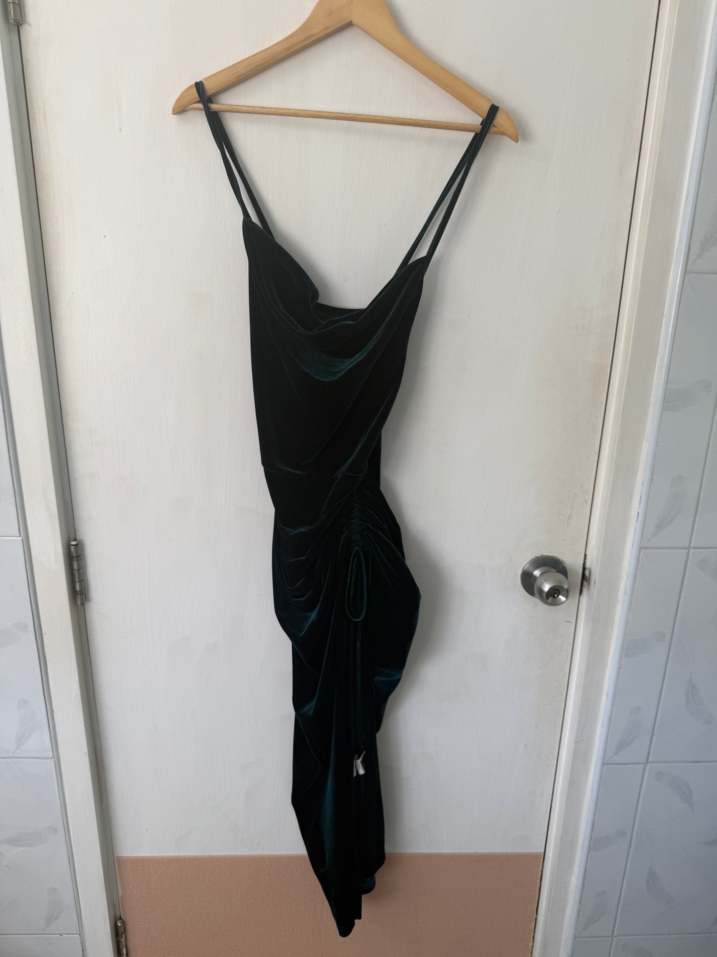 Emerald Green Velvet Cowl-Neck Midi Dress — Spaghetti Strap Side Drape — Shein