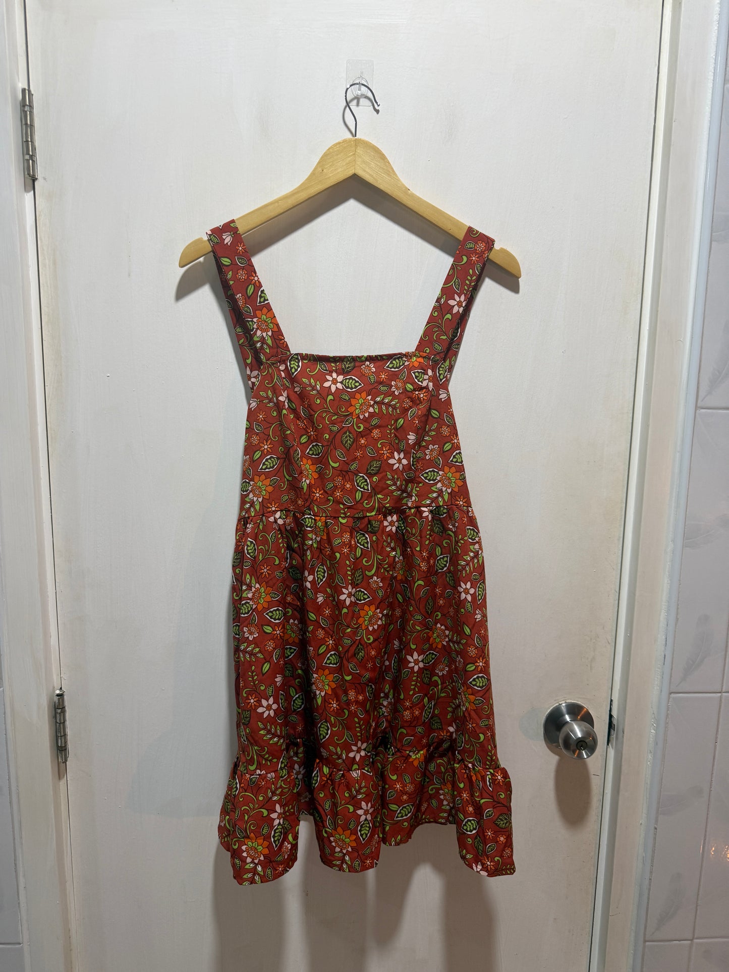 Shein Rust-Orange Floral Print Tie-Back Ruffle Dress L