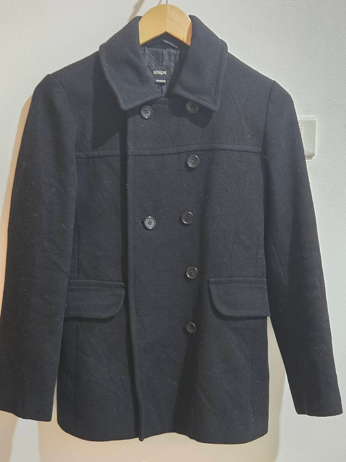 Double-Breasted Wool Blend Peacoat — Black — SHIPS Japan