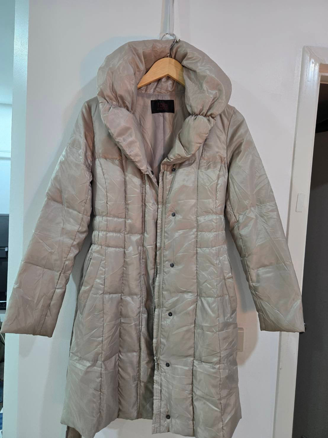 Beige Long Down Coat — Draped Collar — Fob Export Tokyo Style