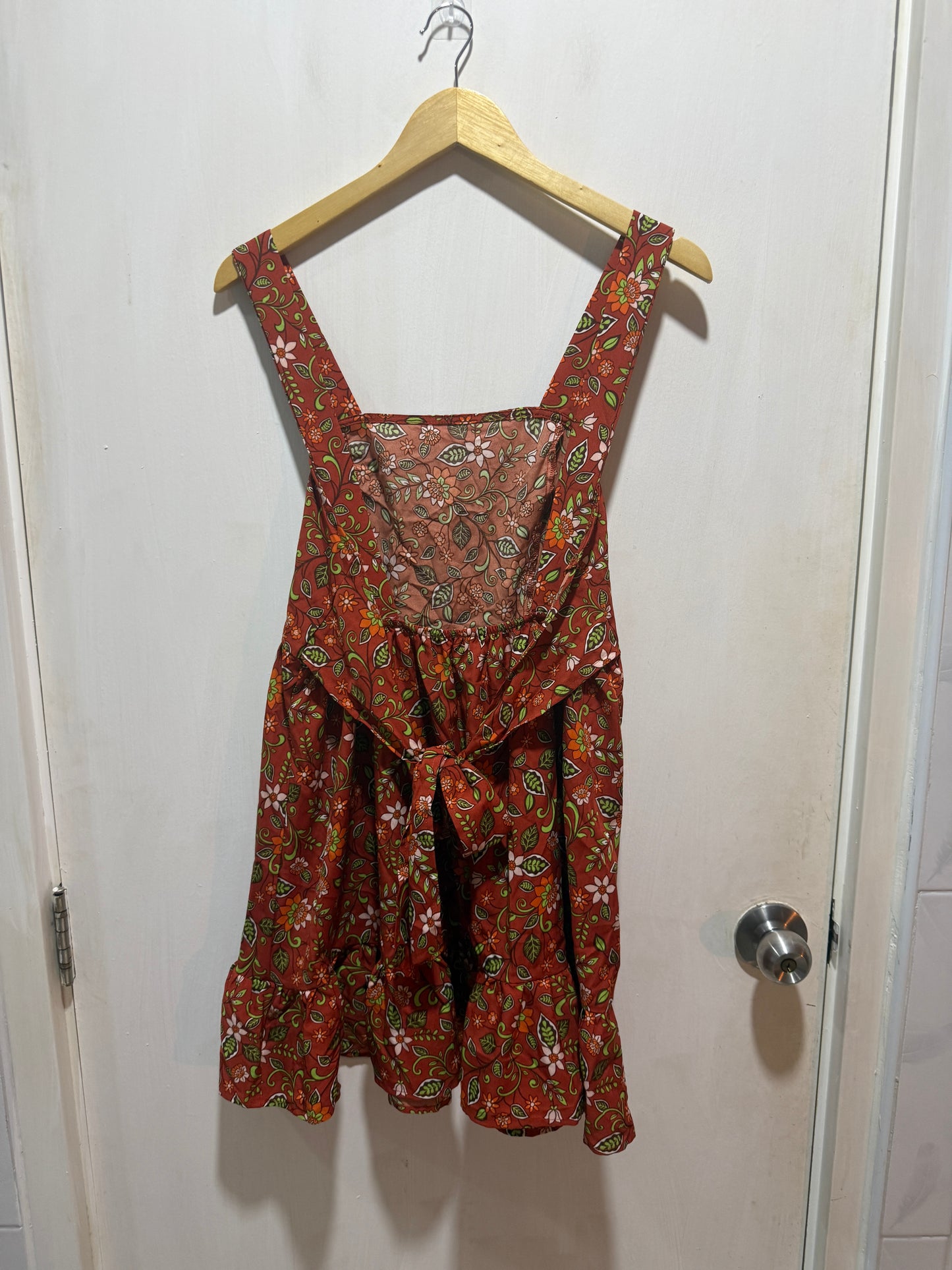 Shein Rust-Orange Floral Print Tie-Back Ruffle Dress L