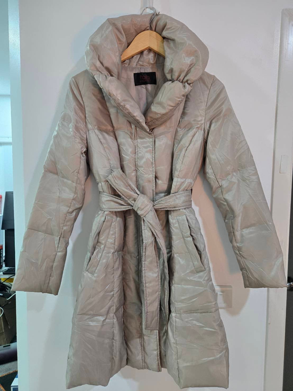 Beige Long Down Coat — Draped Collar — Fob Export Tokyo Style