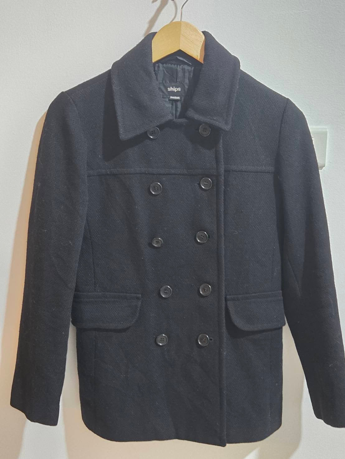 Double-Breasted Wool Blend Peacoat — Black — SHIPS Japan