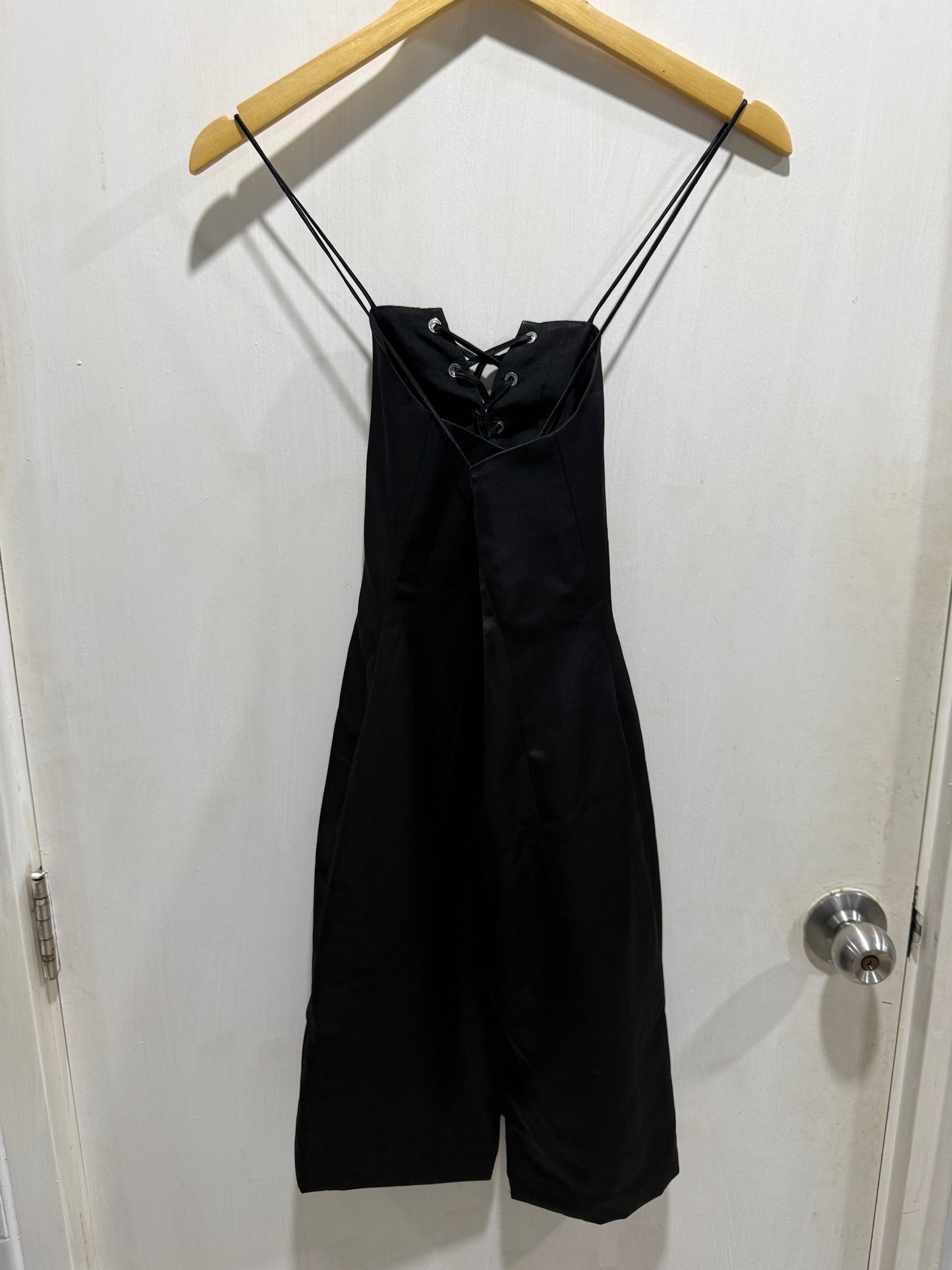 No Brand Black Satin Lace-Up Spaghetti Strap Mini Dress S
